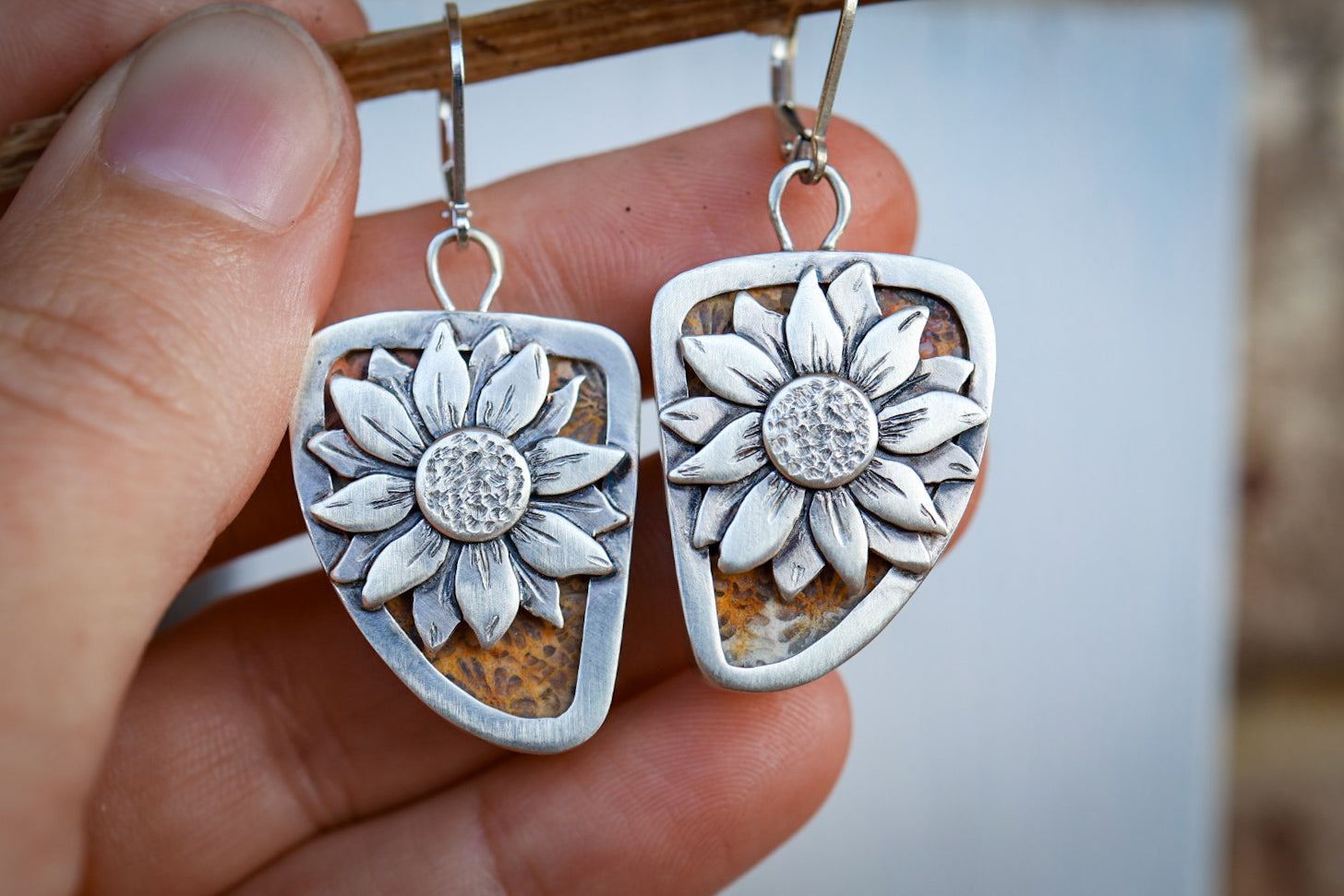 Floral Coral Reversible Earrings with Fossilized Coral