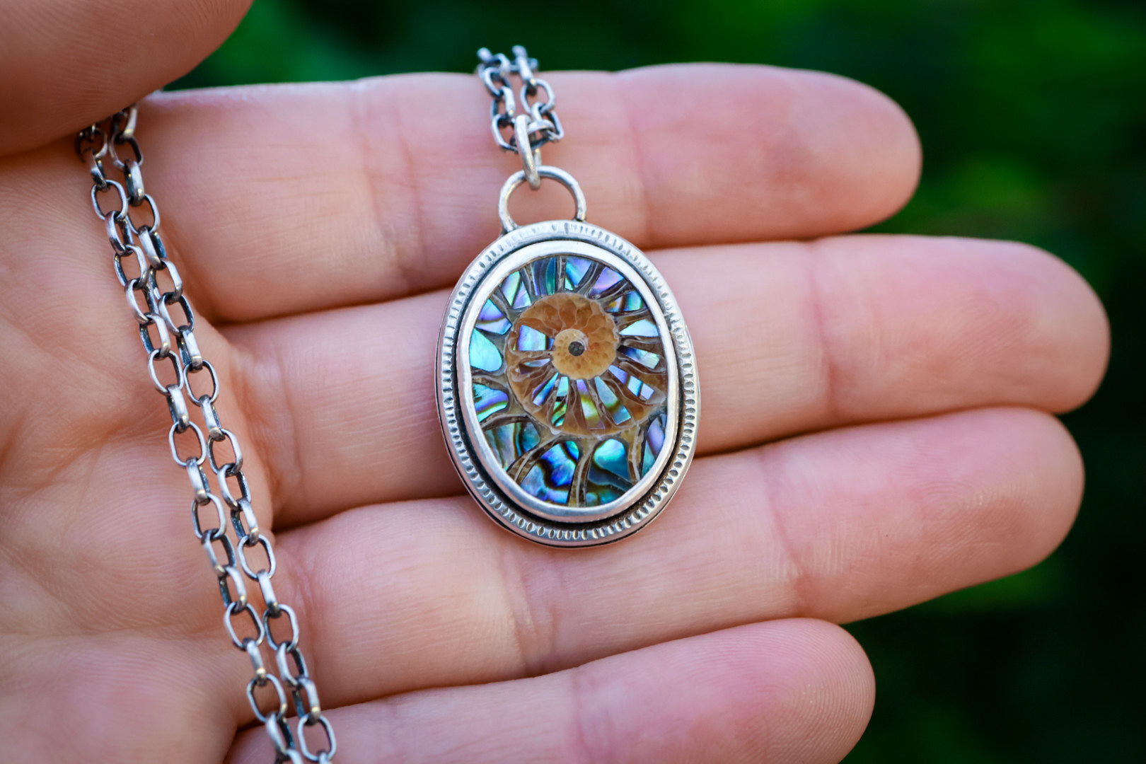 Sea Siren Necklace with Ammonite + Abalone Inlay and Shell