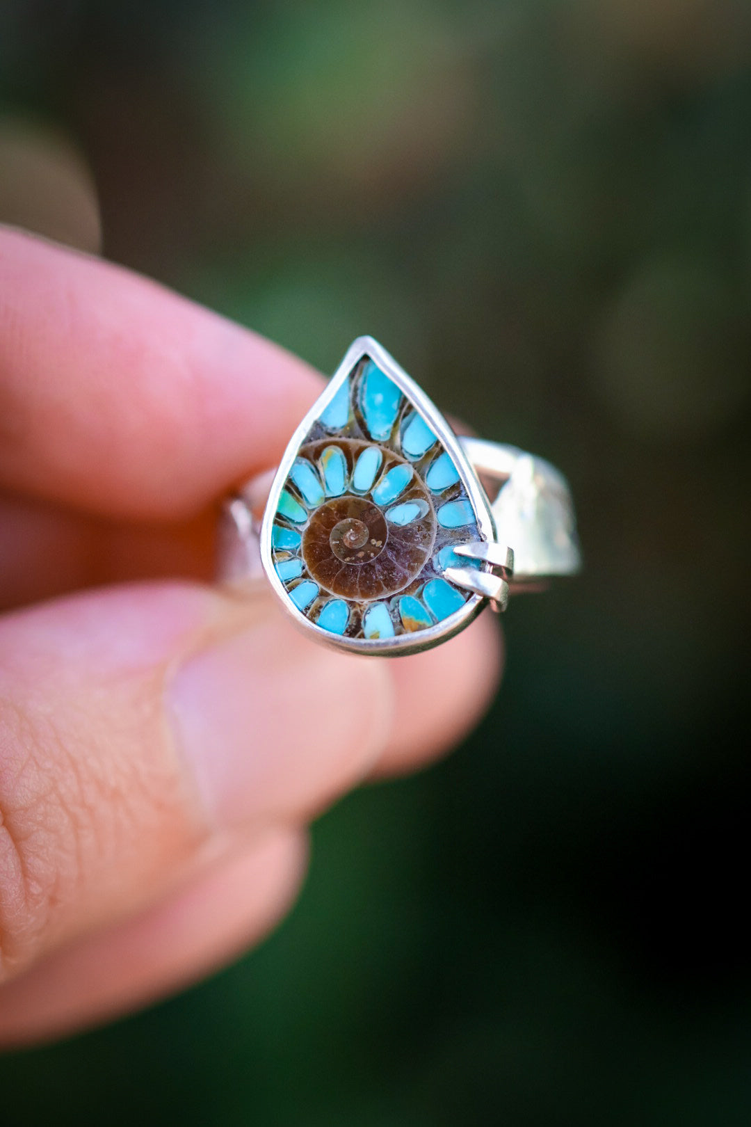 Land & Sea Ring with Ammonite + Turquoise Inlay- Size 7.5