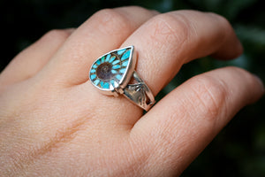 Land & Sea Ring with Ammonite + Turquoise Inlay- Size 7.5