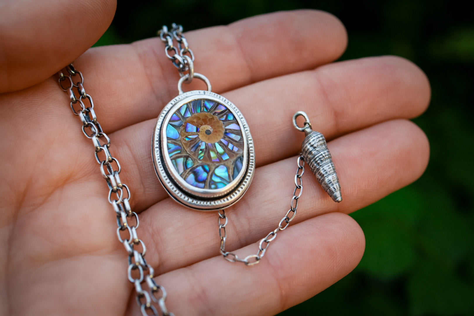 Sea Siren Necklace with Ammonite + Abalone Inlay and Shell