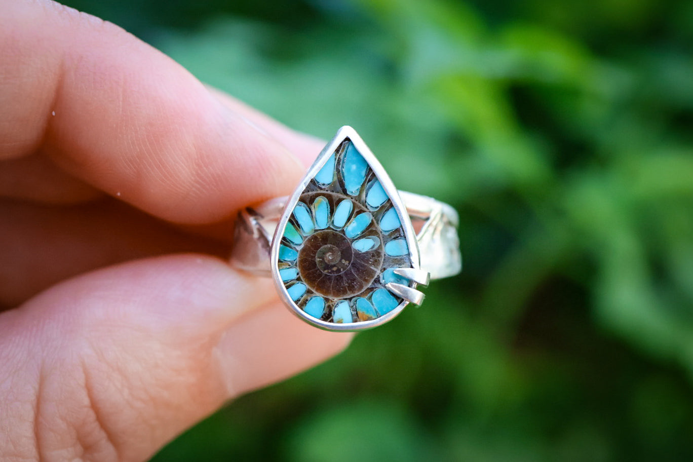 Land & Sea Ring with Ammonite + Turquoise Inlay- Size 7.5