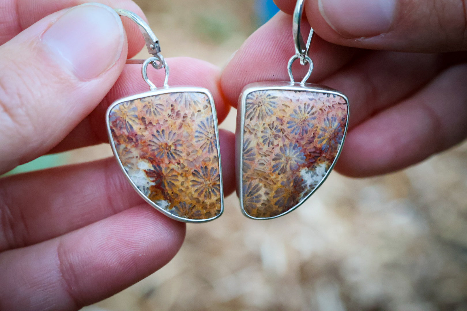 Floral Coral Reversible Earrings with Fossilized Coral