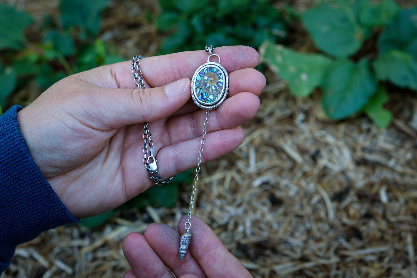 Sea Siren Necklace with Ammonite + Abalone Inlay and Shell