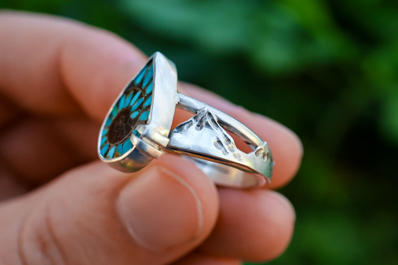 Land & Sea Ring with Ammonite + Turquoise Inlay- Size 7.5