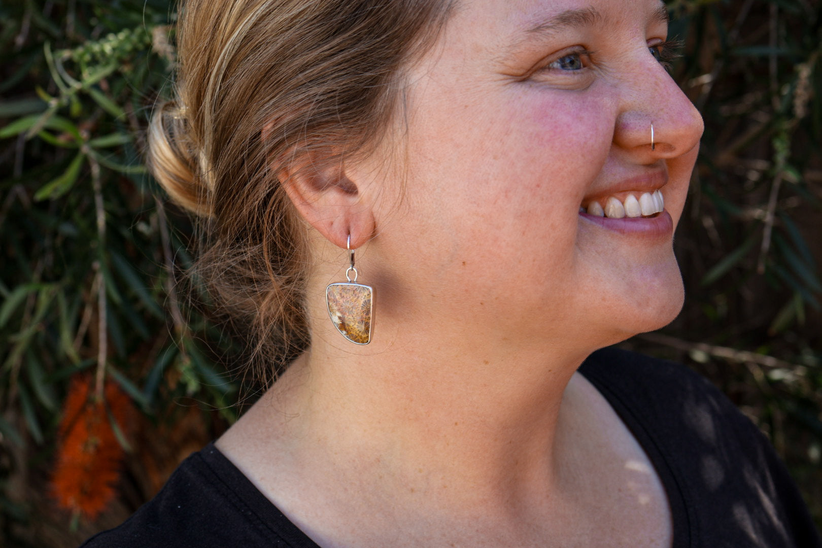 Floral Coral Reversible Earrings with Fossilized Coral