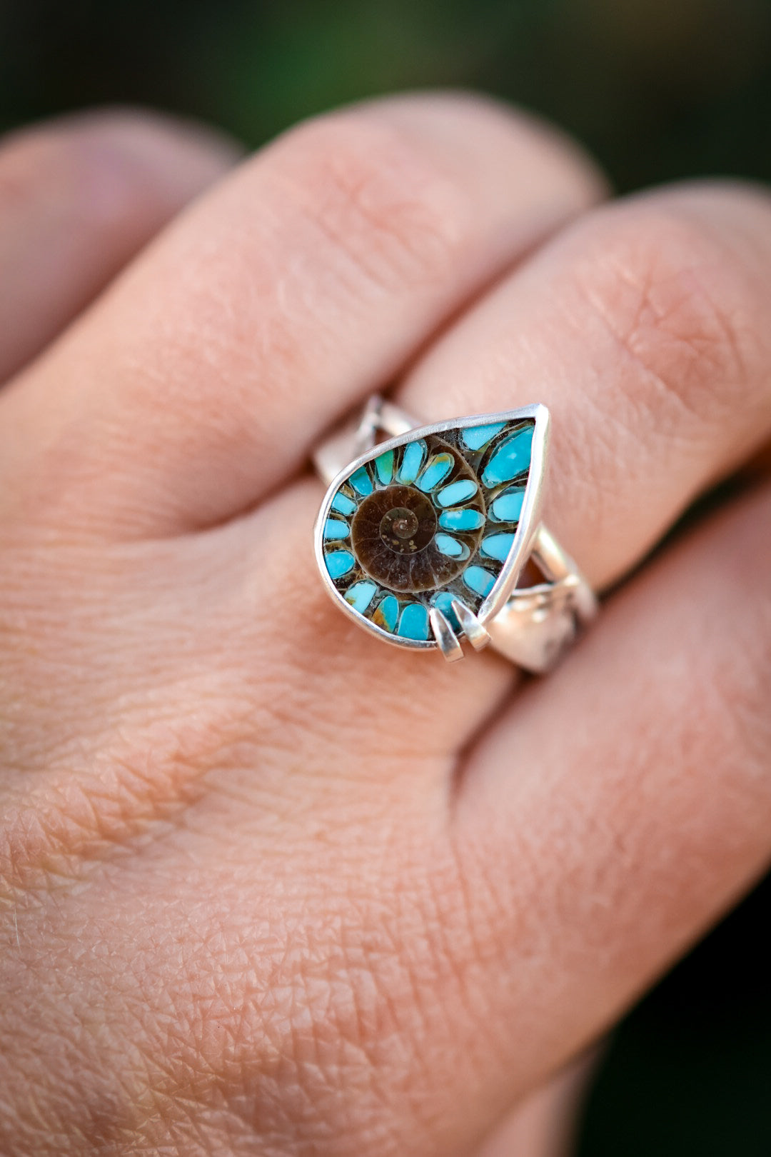 Land & Sea Ring with Ammonite + Turquoise Inlay- Size 7.5