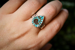 Land & Sea Ring with Ammonite + Turquoise Inlay- Size 7.5