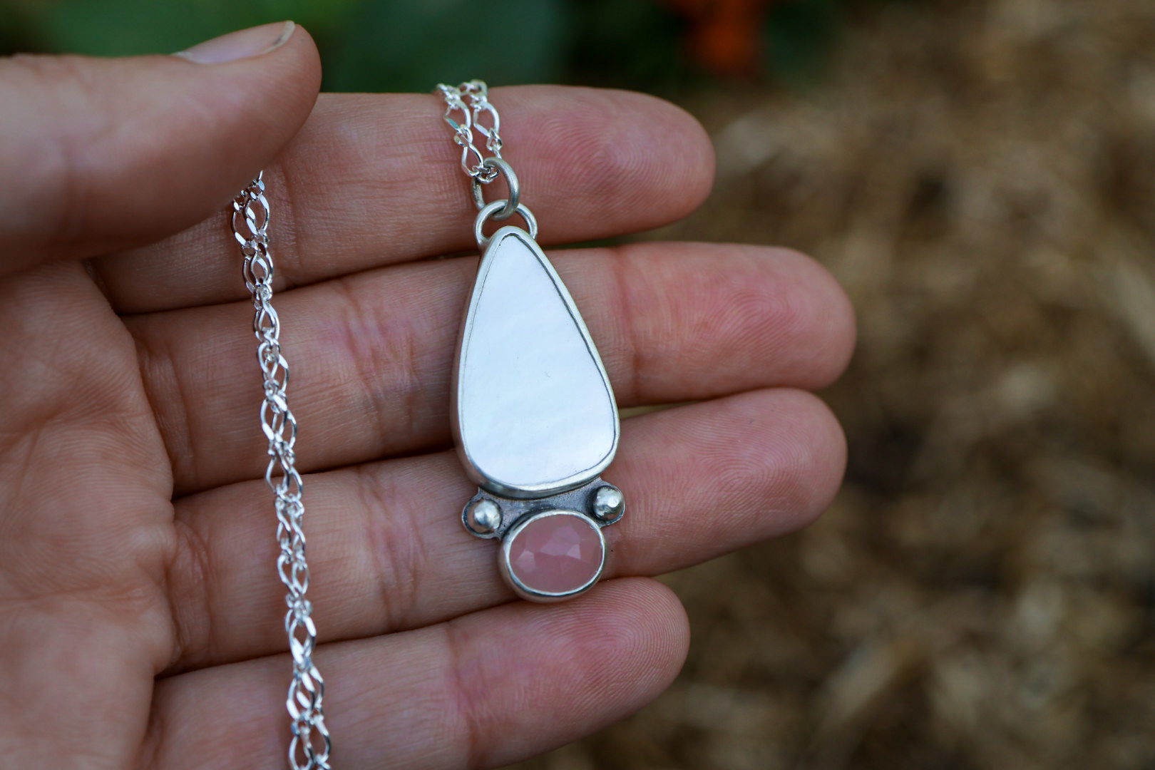 Iridescent Dreams Necklace with Mother of Pearl + Guava Quartz Necklace