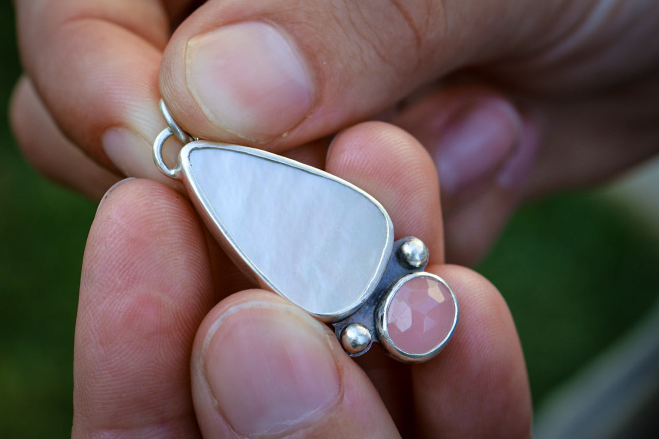 Iridescent Dreams Necklace with Mother of Pearl + Guava Quartz Necklace