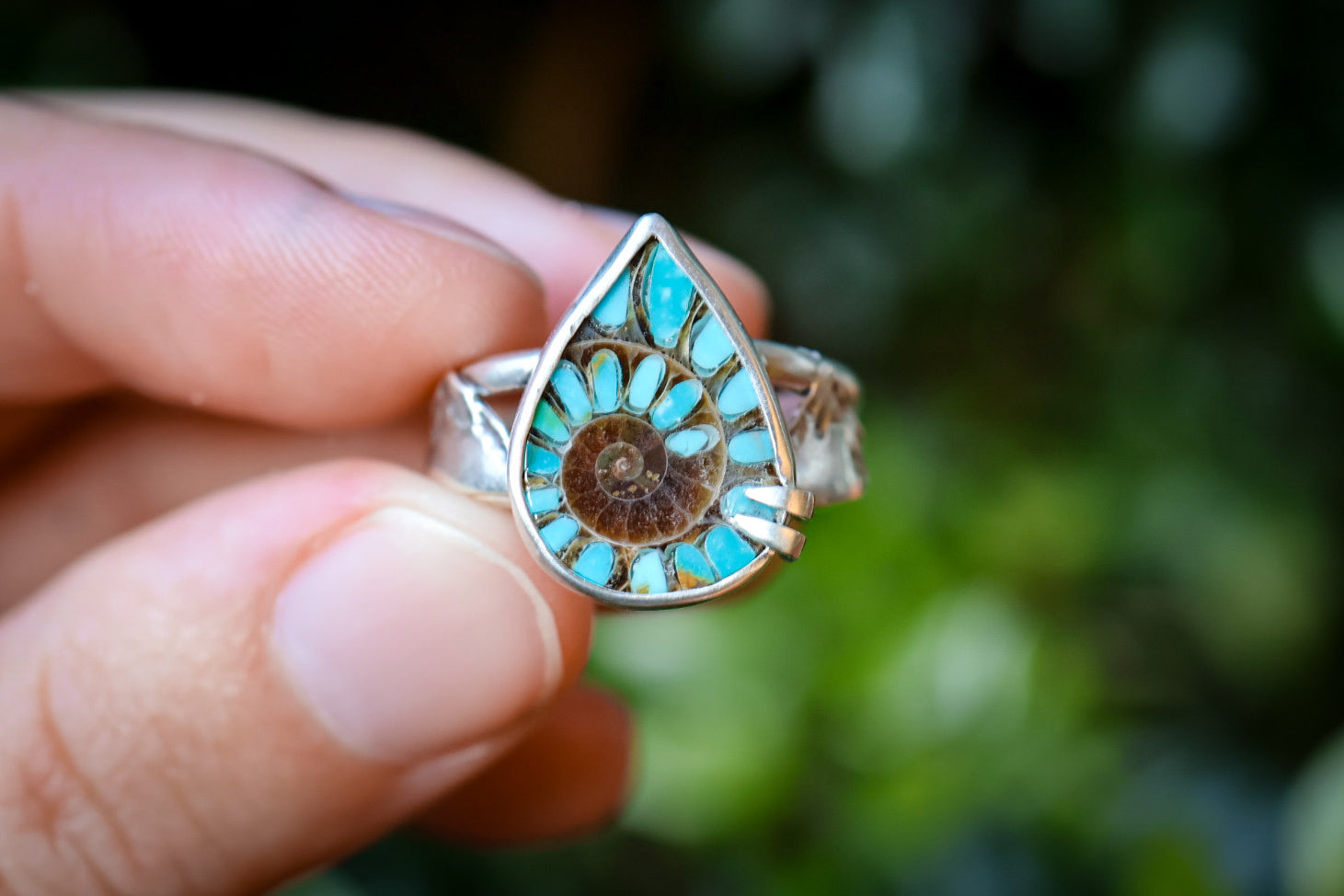 Land & Sea Ring with Ammonite + Turquoise Inlay- Size 7.5