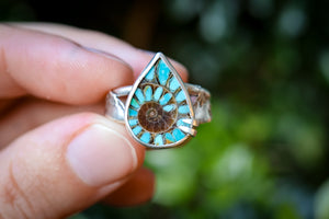 Land & Sea Ring with Ammonite + Turquoise Inlay- Size 7.5