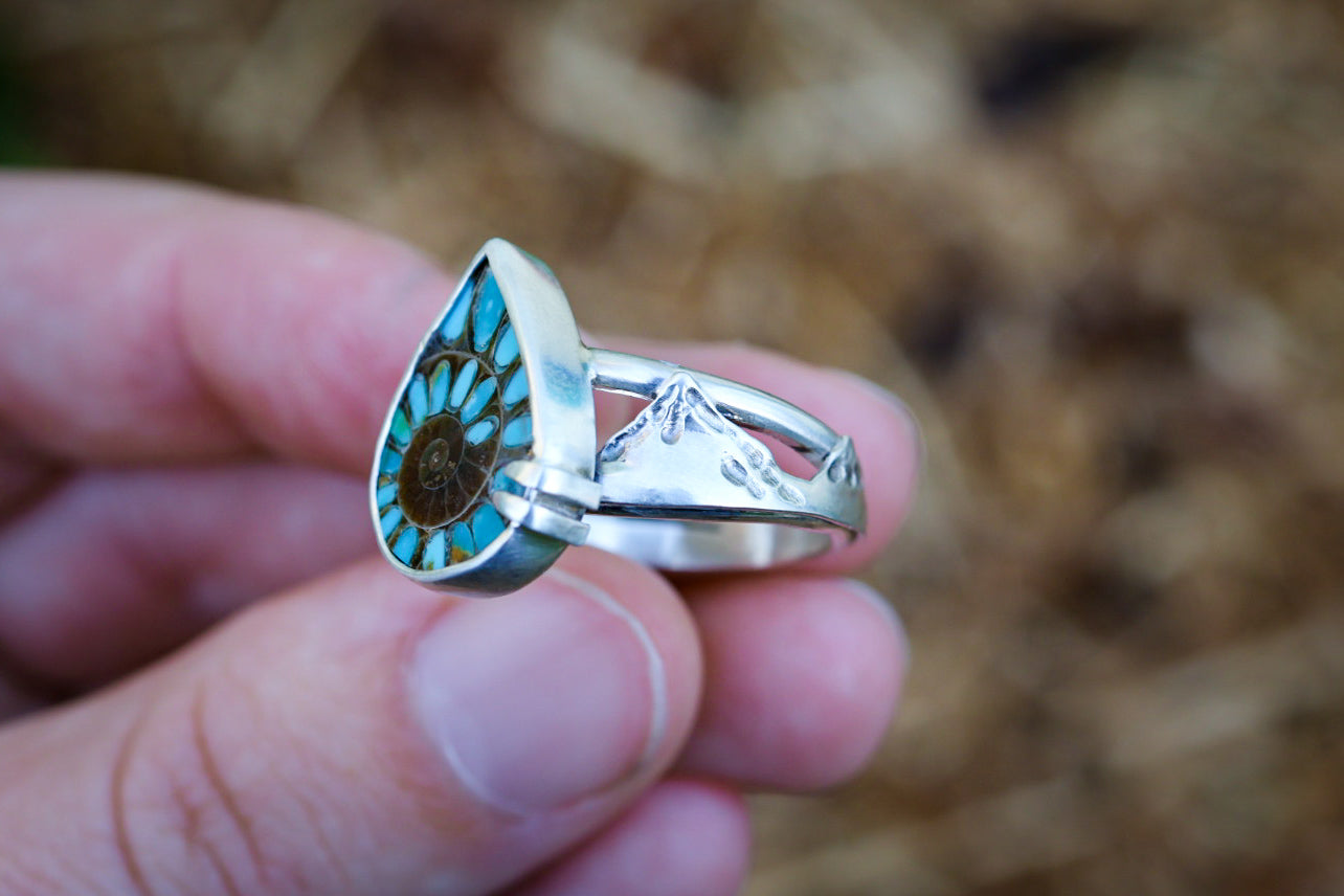 Land & Sea Ring with Ammonite + Turquoise Inlay- Size 7.5