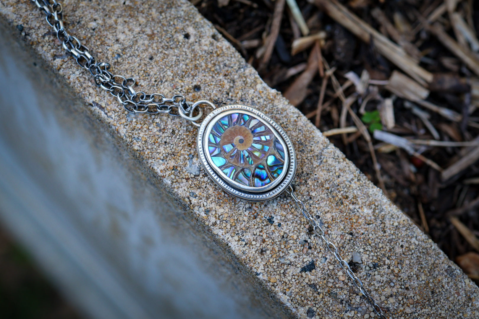 Sea Siren Necklace with Ammonite + Abalone Inlay and Shell