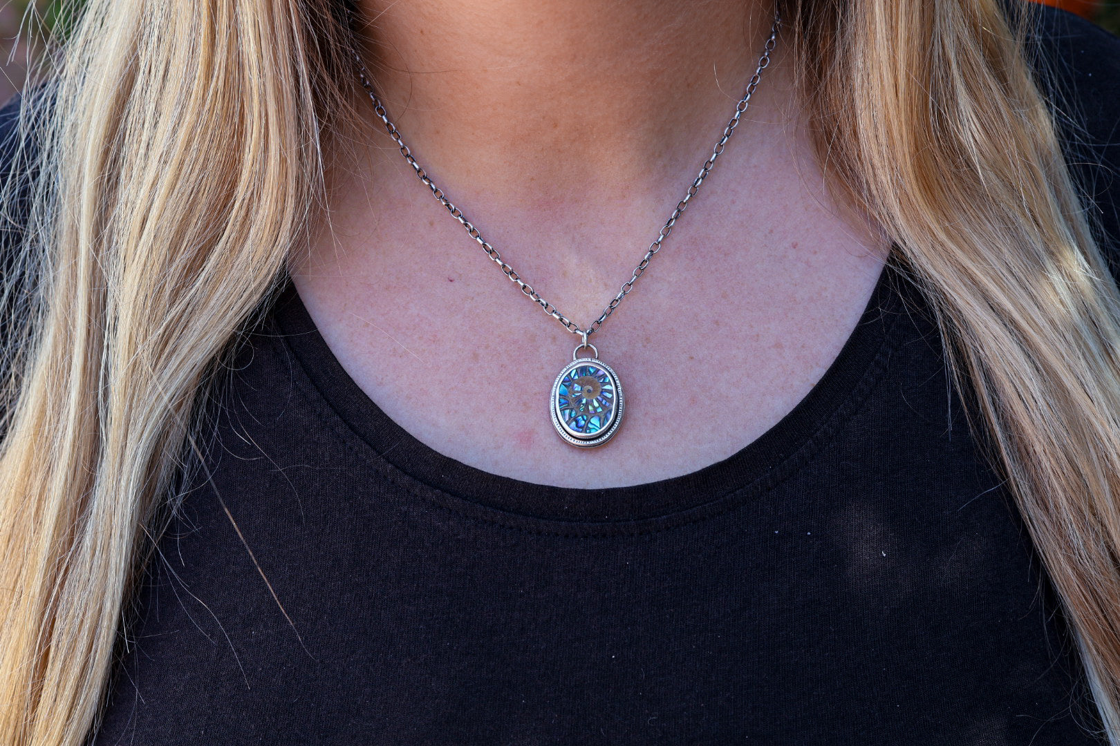 Sea Siren Necklace with Ammonite + Abalone Inlay and Shell