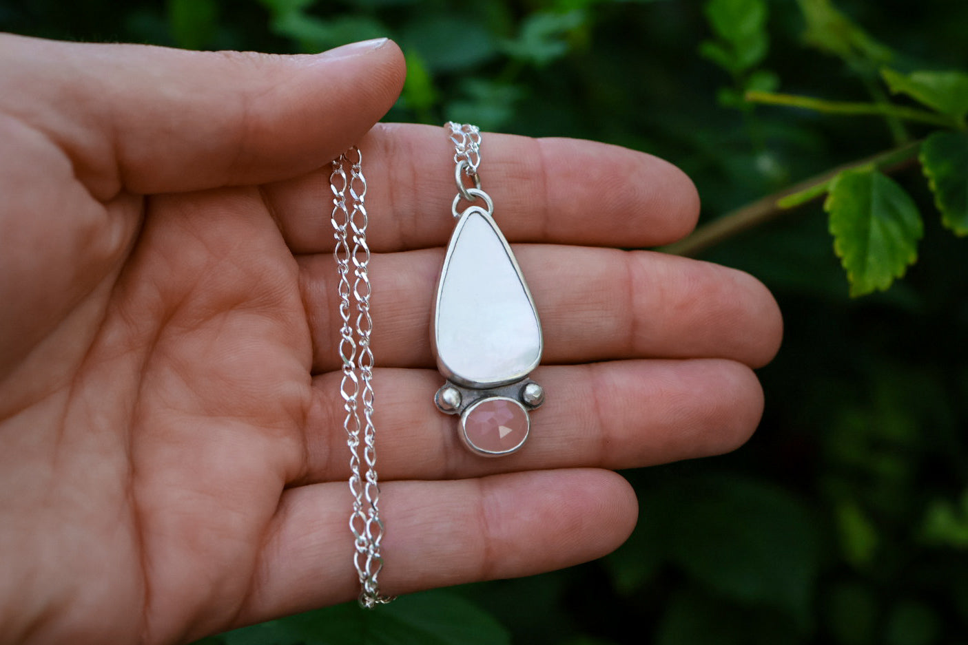 Iridescent Dreams Necklace with Mother of Pearl + Guava Quartz Necklace