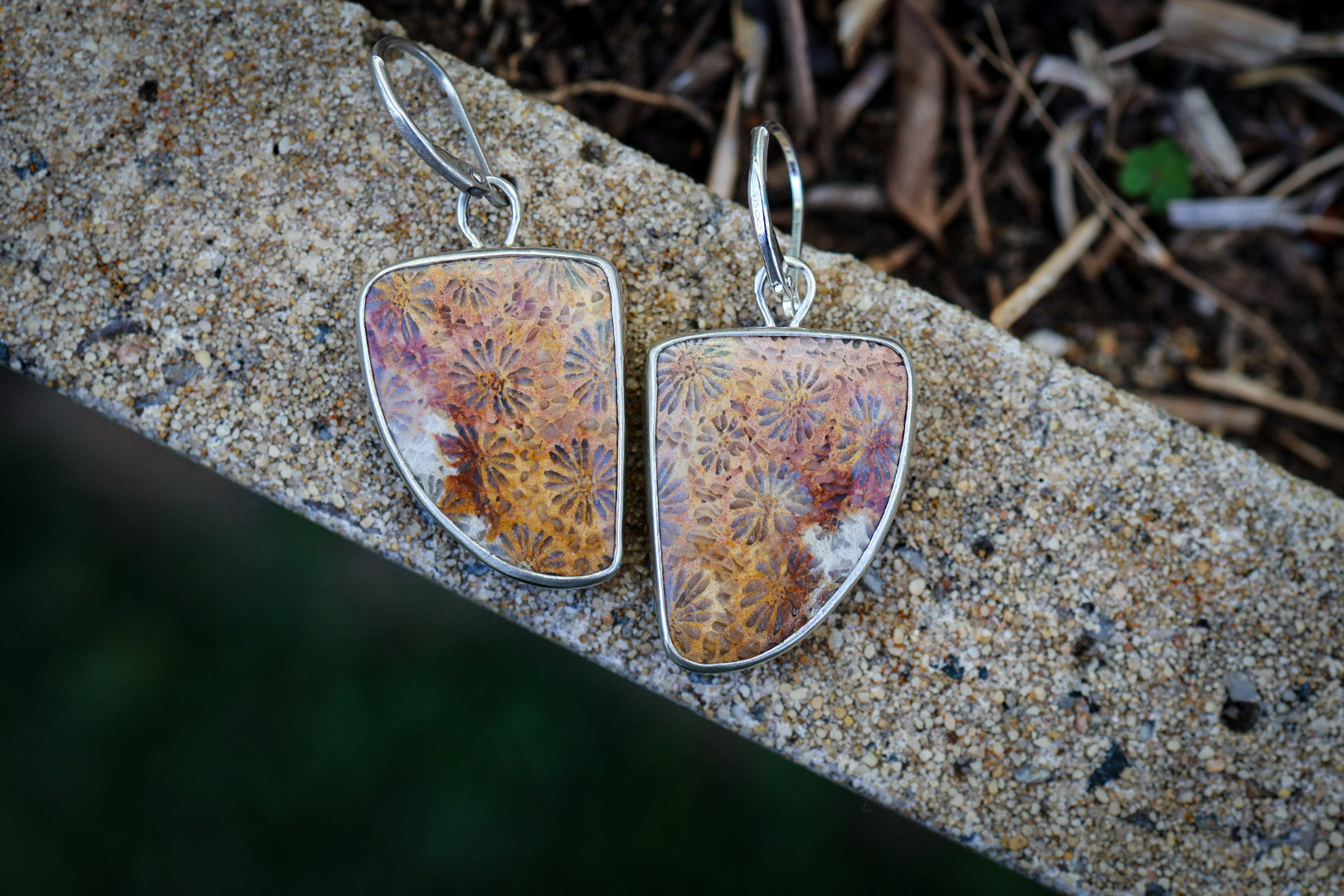 Floral Coral Reversible Earrings with Fossilized Coral